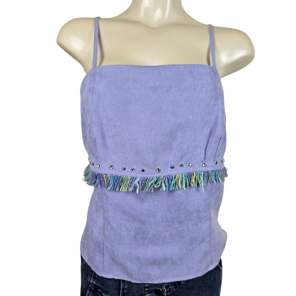 Ranch Dressing Tank Top L Purple Fringe Faux Suede Rhinestone Western Cowgirl